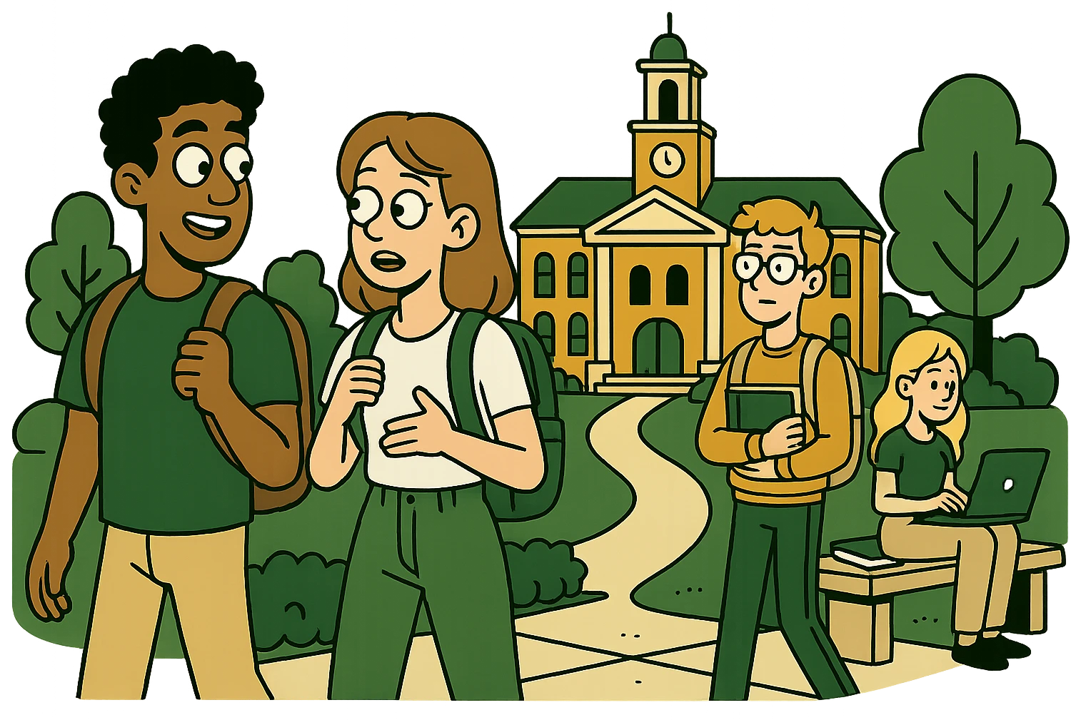 college campus scene, modern look, green gold and white color scheme, rounded shapes, simple design emoji