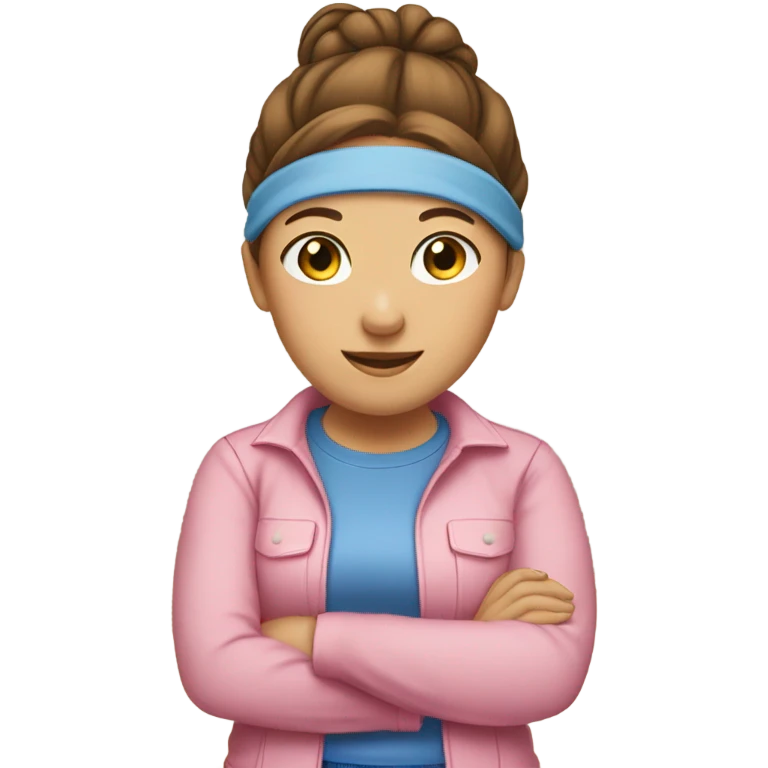 A white woman with brown hair in pony tail wearing pink headband, pink t shirt and blue overalls  emoji