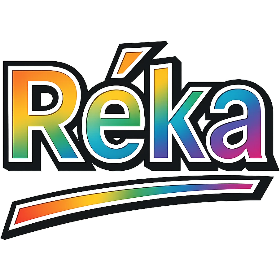 The name 'Réka' in modern, precise Hungarian letters with a rainbow gradient fill, extra thick white letter outline, dark contour, transparent background, dynamic slanted underline, styled like the sample images. emoji