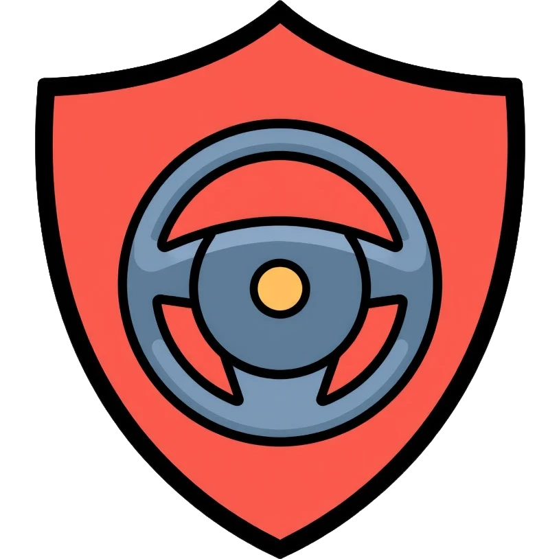a steering wheel inside of a shield representing safe driving emoji