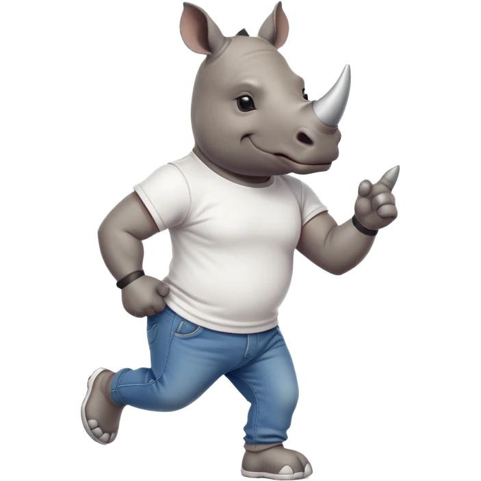 friendly anthropomorphised rhino in jeans and t-shirt, wearing dark sunglasses, jogging upright, relaxed pose emoji
