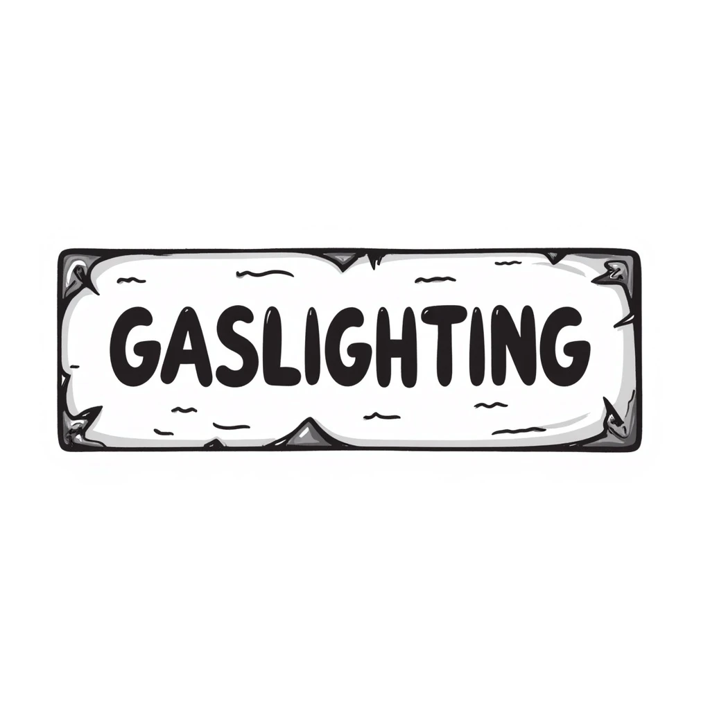 a hand-drawn sketch of a sign that says 'Gaslighting', black and white emoji
