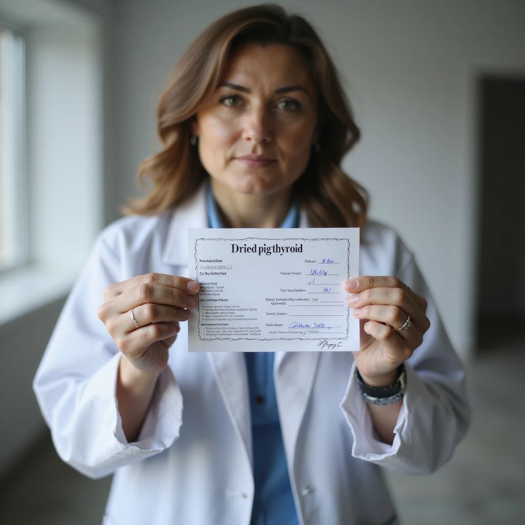 woman showing the medical prescription she just received, 'Dried pig thyroid' clearly visible, clinical environment, natural light, hyperrealistic 4K emoji