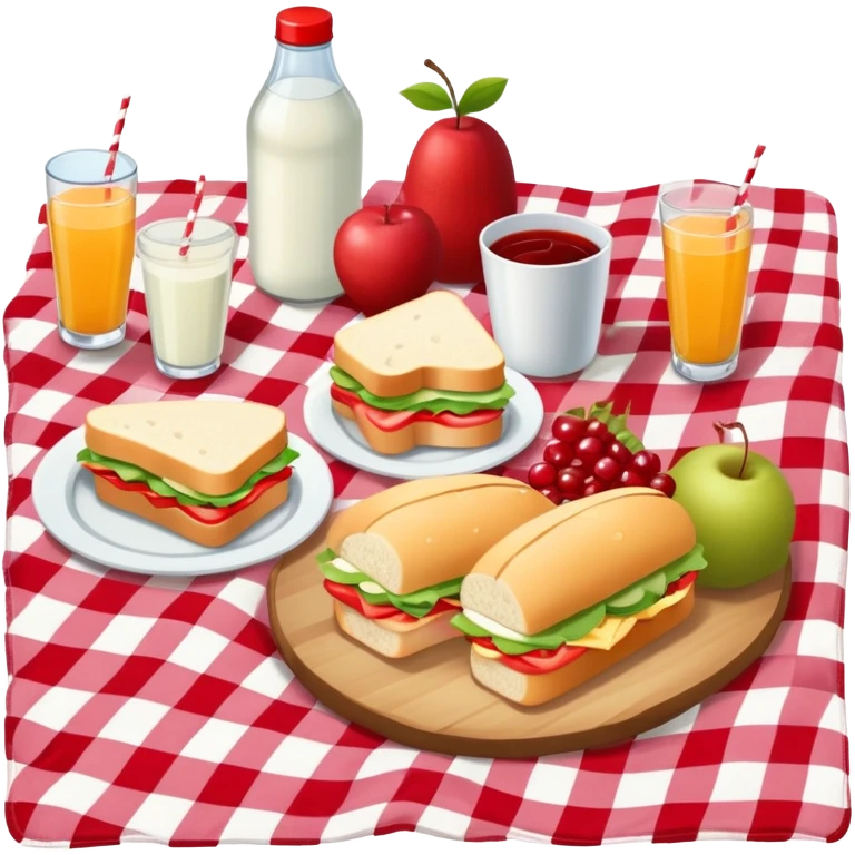 picnic with sandwiches, fruits, and drinks on a red and white checkered blanket emoji