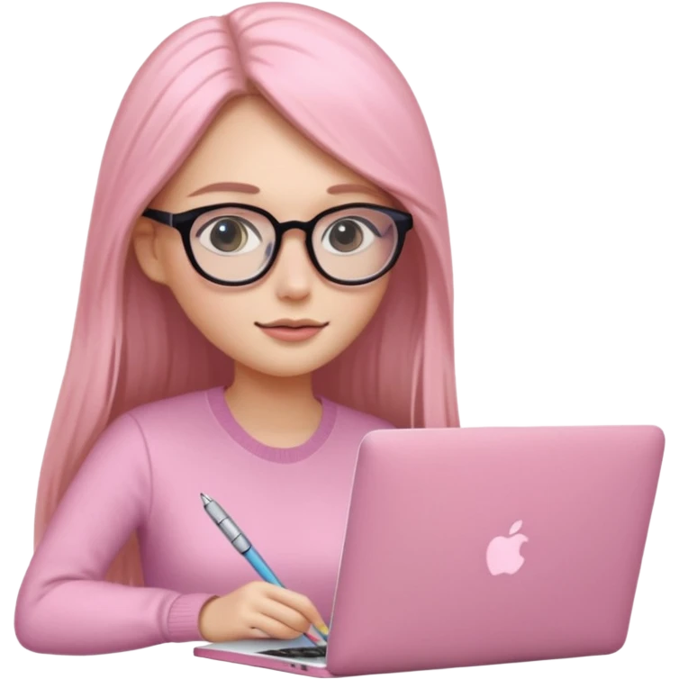 Mujer lacia peli larga y peli larga  en una MacBook rosa investigando y haciendo tareas con un libro de apuntes y con cara muy linda como modelo emoji
