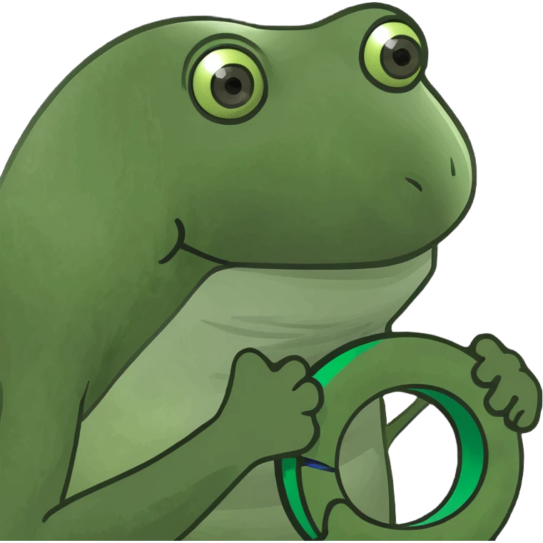 Pepe the frog holding a modern 'C' logo: four green concentric arcs on black, open to the right, bold and dynamic, with a sense of depth and movement. emoji