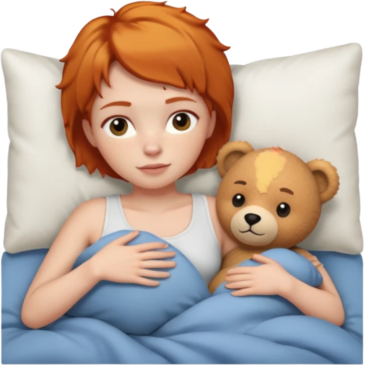 ginger woman short hair cuddle in bed with teddy emoji