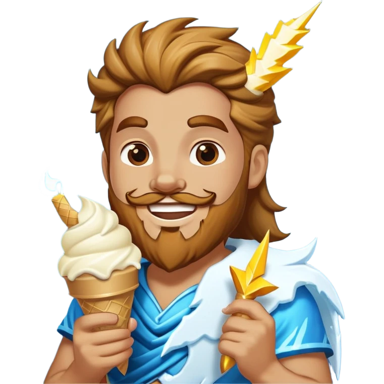 Zeus in vest smiling eating white ice cream holding lightning bolt emoji