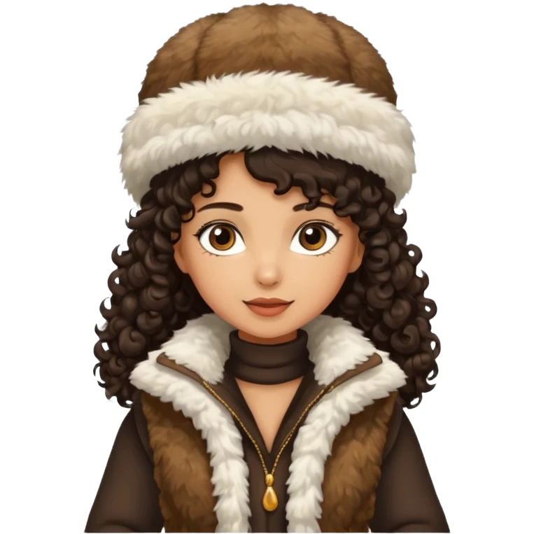 "A girl with curly dark hair 👩🏻‍🦱, wearing a fur hat 👒🦊 and a fur vest 🧥, standing in the snow ❄️ with pine trees 🌲 in the background, holding a Bashkir dombyra 🎶. Emoji style." emoji