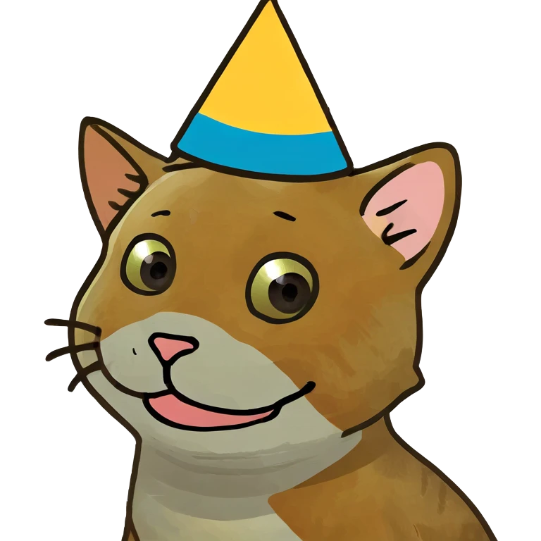 ginger tabby kitten at a birthday party, smiling, with cake, balloons, and wrapped gifts emoji