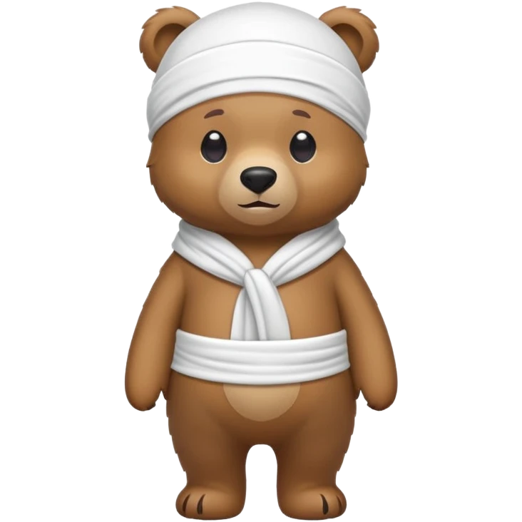 Full-body standing brown bear wearing a white durag on its head, cute emoji style emoji