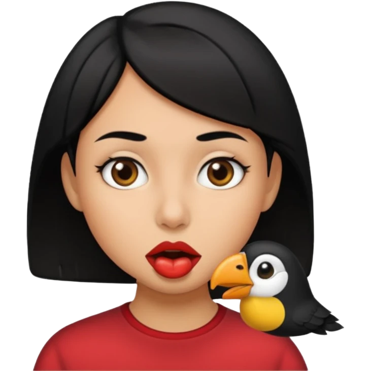 Niña con pelo corto negro con un pico en la boca  emoji