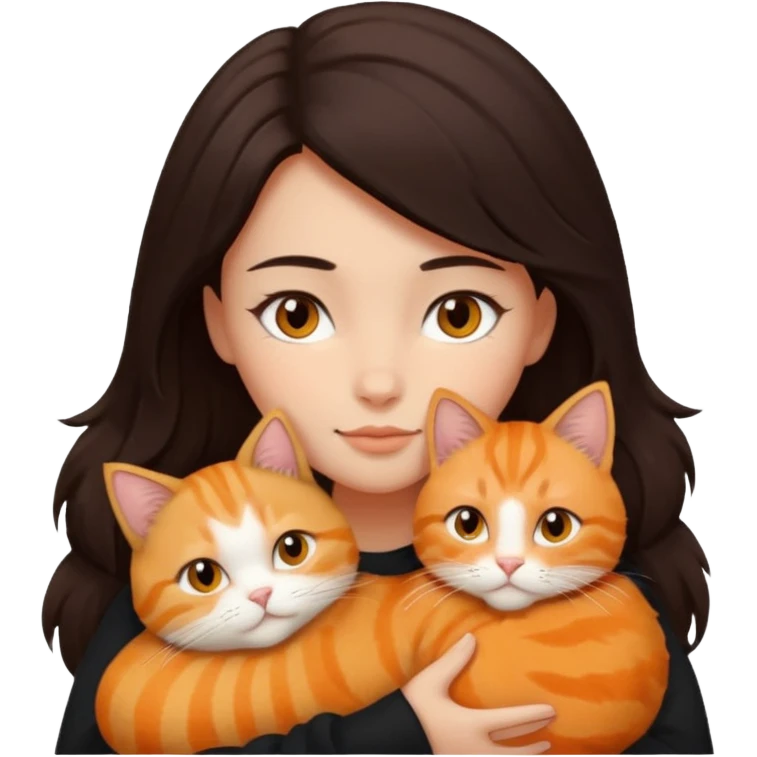 dark-black-brown-hair-to-shoulder girl with brown eyes snuggled with orange tabby cat emoji