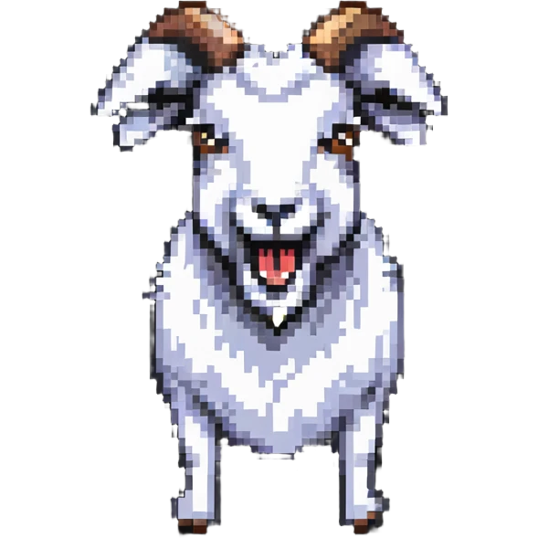 pixel art style goat with mouth open saying 'baaah' (text included) emoji