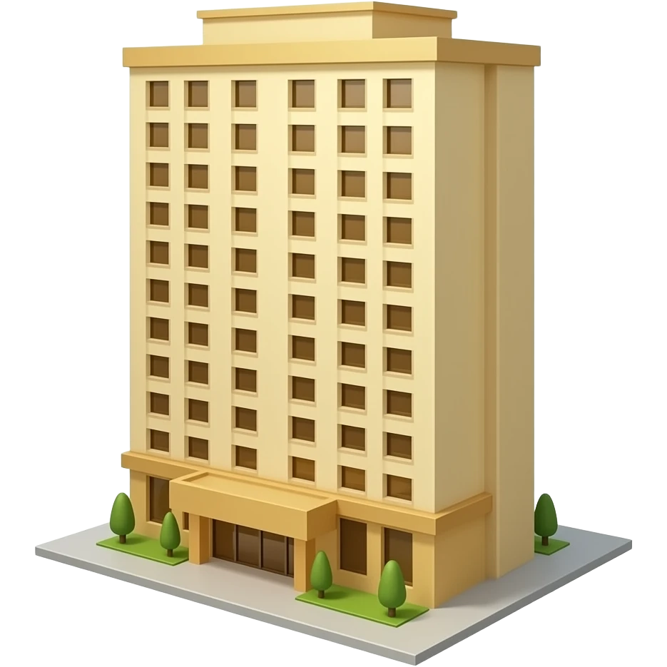 pixar-style 3D emoji style, glossy surface, soft shadows, white background, centered, no text, tall hotel no scene just a building , gold and warm cream tones, emoji