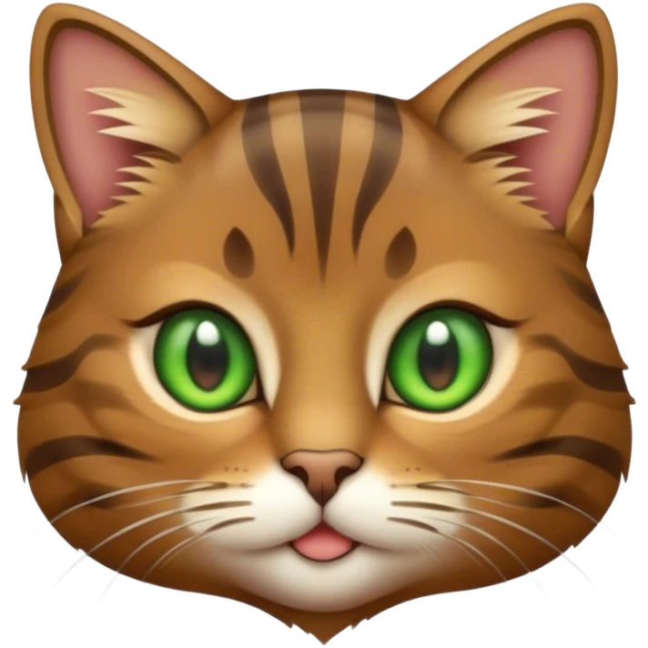 Cinematic Cute Brown Tabby Cat Portrait Emoji, Head tilted playfully and inquisitively, soft brown fur with rich dark tabby stripes and a distinctive M-shaped marking on the forehead, wide, sparkling golden-green eyes filled with curiosity, Simplified yet irresistibly adorable features, highly detailed, glowing with a warm, friendly glow, high shine, affectionate and lively, stylized with a touch of whimsy, bright and endearing, soft glowing outline, capturing the essence of a mischievous yet loving kitten, so playful it feels like it could pounce out of the screen and into your arms! emoji