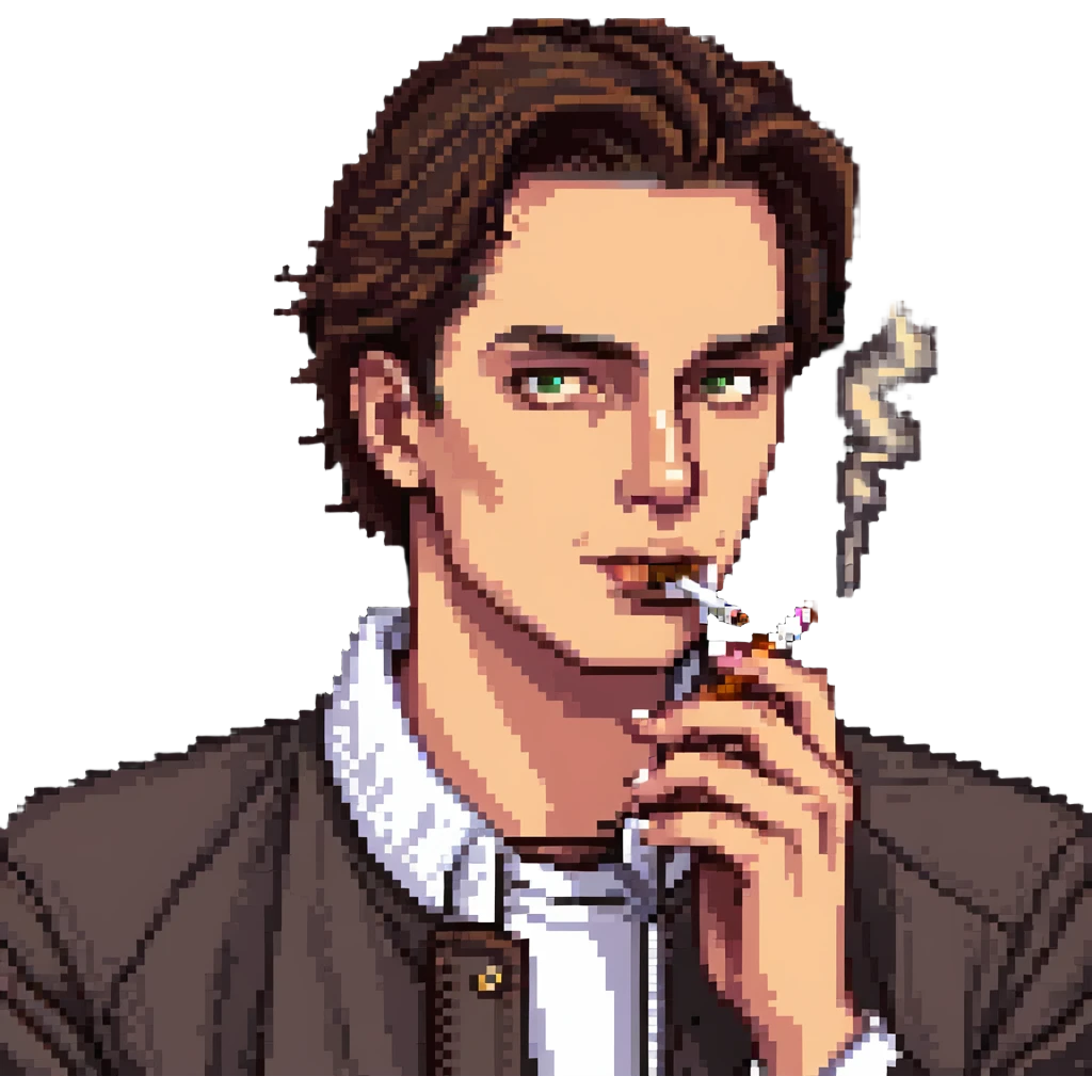 a guy with hazel eyes and slicked back brown hair stay with a lighter and a cigarette in his mouth with a sly expression on his face emoji