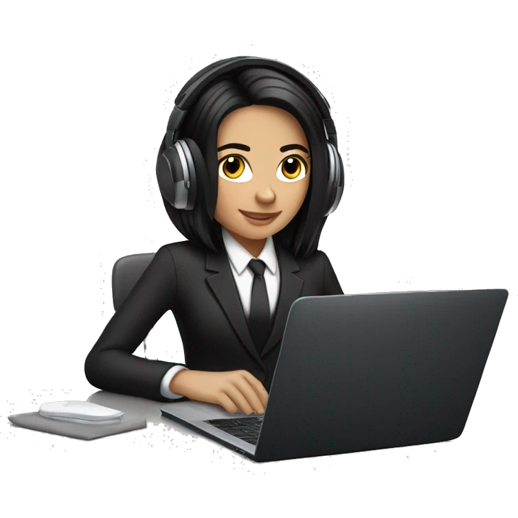 white girl with black hair working on laptop with headphones AND A TUXEO SUIT emoji