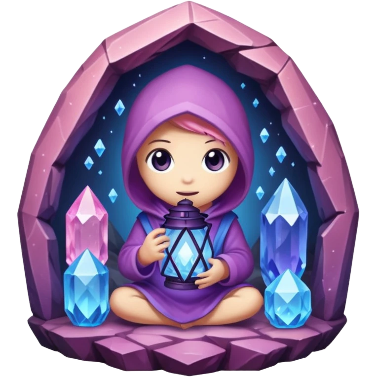 purple, blue, and pink crystal chibi creature holding a lantern inside a crystal-filled cave emoji