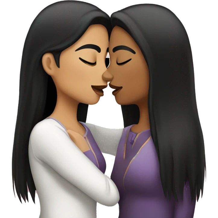 Lesbians kiss. They have long black hair and white skin color. emoji