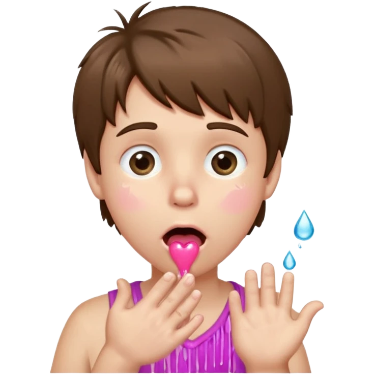 Pale Boy with shaggy brown hair, pink heart shaped eyes looking up , mouth open , water drop dripping from lips, hand touching cheek emoji