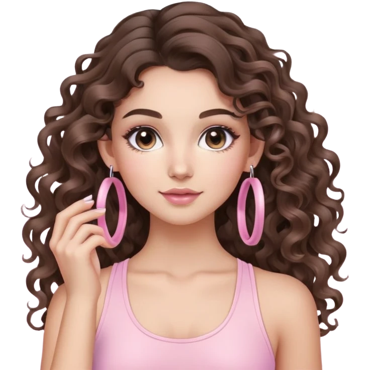 cute balayage brunette long hair curly/wavy haired girl, hoop earrings, clean girl makeup DOING pilates with a cute pastel pink set emoji