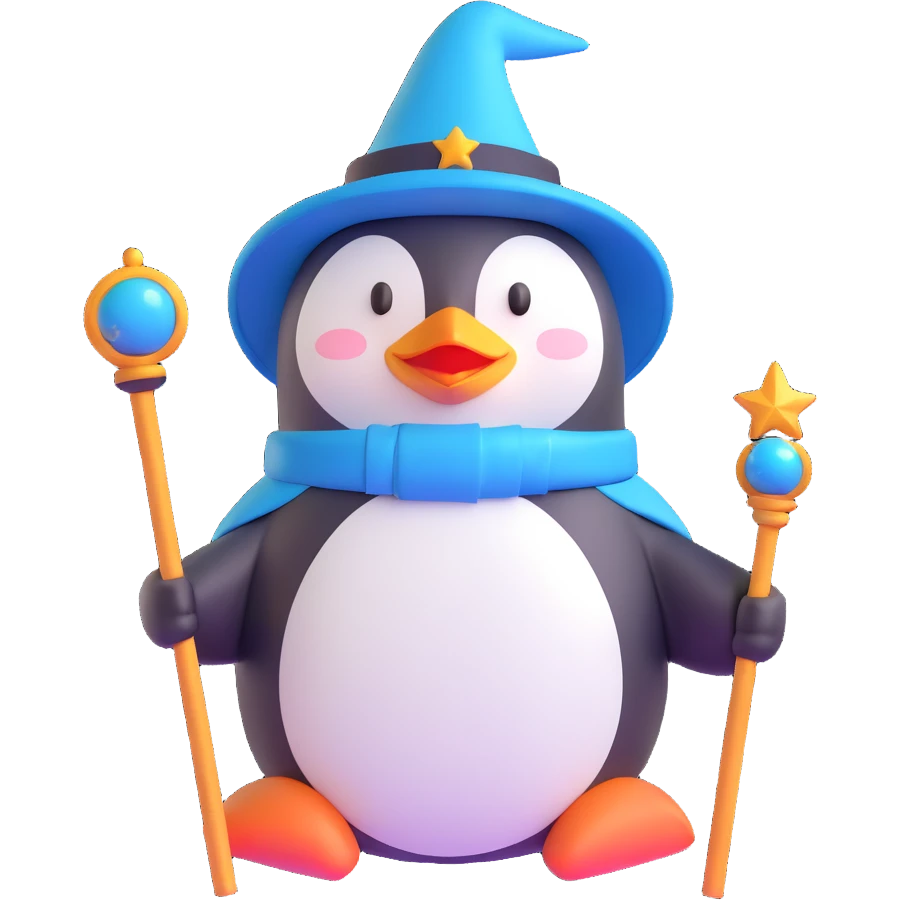 a penguin dressed as a wizard, with a pointy hat and a magic staff, fun and whimsical 3D emoji style emoji