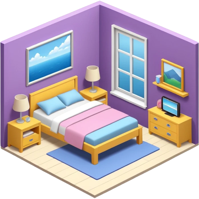 13 year old girls ultra realistic, ultra detailed large 3D view of bedroom, interior isometric emoji
