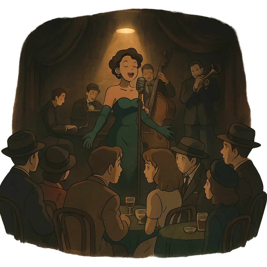 1940s jazz nightclub scene, ghibli style, moody lighting, no text emoji