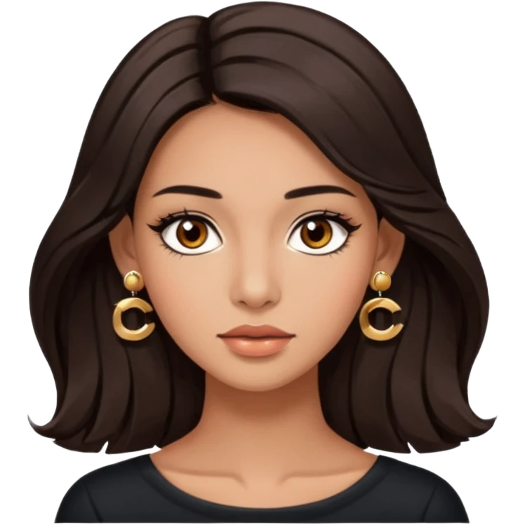 girl with brown asian eyes, long eyelashes, layerd mid length hair dark brown, tanned skin with Chanel earrings  emoji
