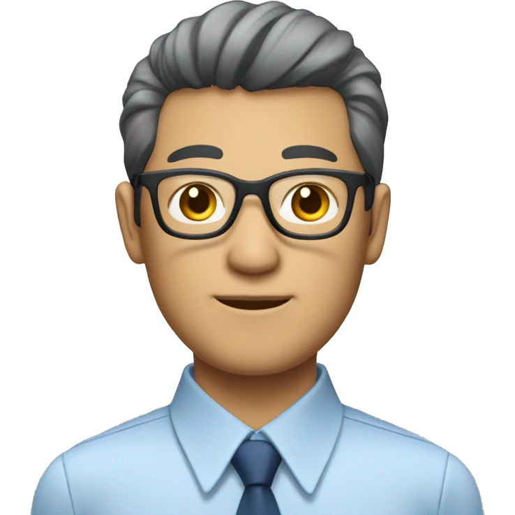 A Japanese man with a business haircut and glasses wearing a blue button up emoji