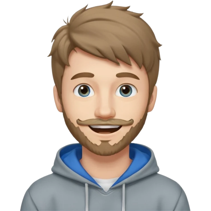 20 year old man, short scruffy beard and thin moustache, brown puffy mullet, blue eyes, big smile, white teeth, big lips, pronounced jaw, hair longer in back, sticking up on top, thin face, grey hooded sweatshirt, pale skin, big smile, blue eyes, puffy hair that is long in back emoji