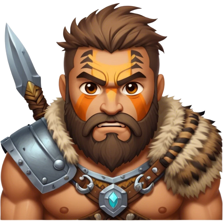 Clash of Clans style: Cinematic Rugged Barbarian Portrait Emoji, Intense and formidable with a stylized build, a rugged beard and expressive eyes, adorned in playful, battle-worn furs and cartoonish armor with tribal markings, Simplified yet powerfully detailed features, highly detailed, glowing with a deep, adventurous energy, high shine, spirited and determined, stylized with an air of raw, untamed power, soft glowing outline, capturing the essence of a barbarian warrior ready to lead epic quests! emoji