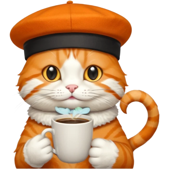 Orange cat, wear beret hat, holding coffee mug emoji