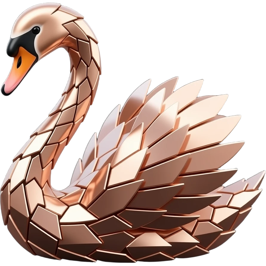 Graceful swan made of rose gold mirror shards, sharp edges, cinematic lighting, black background, detailed 3D emoji emoji