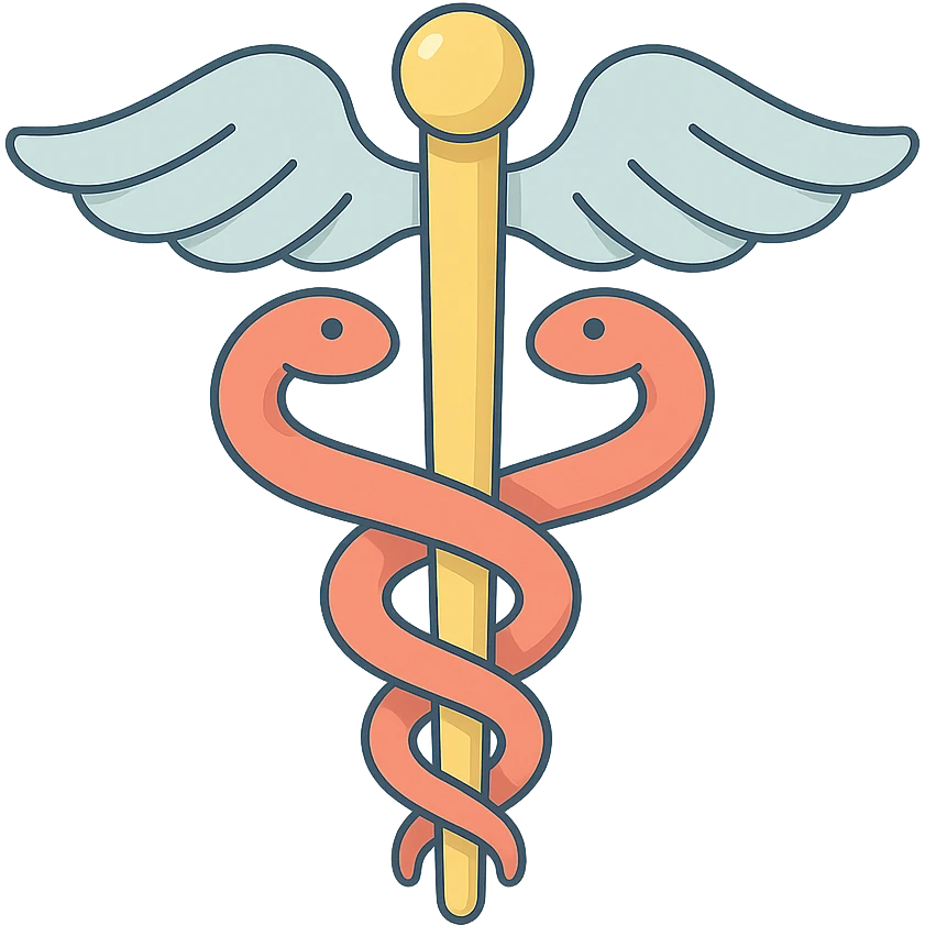 classic caduceus symbol, 2D isometric style, soft rounded shapes, clean contours, pastel palette, detailed shadows and highlights, modern illustration, transparent background emoji