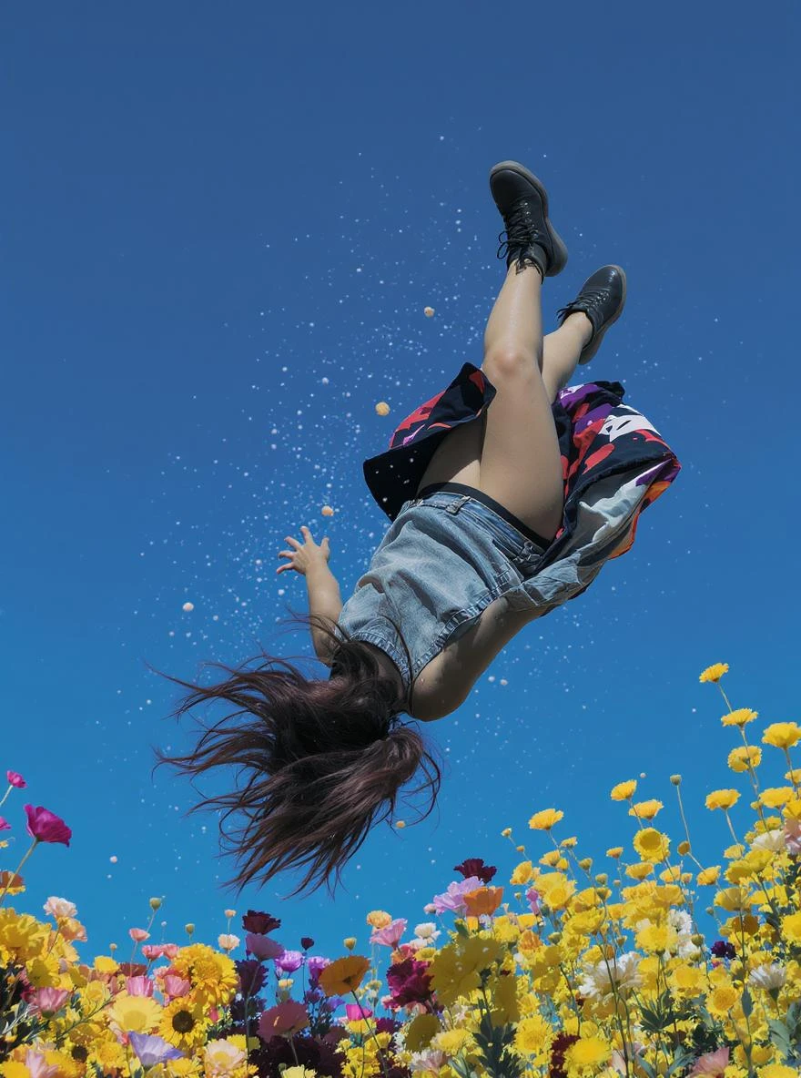 Cinematic still of a woman falling down around colorfull flowers wearing alternative fashion, blue sky minimalistic background emoji