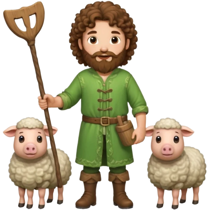 happy young shepard with long curly brown beard and long curly brown hair, in green magical outfit, with wooden shepard stick in hands, taking care of sheep and pigs emoji
