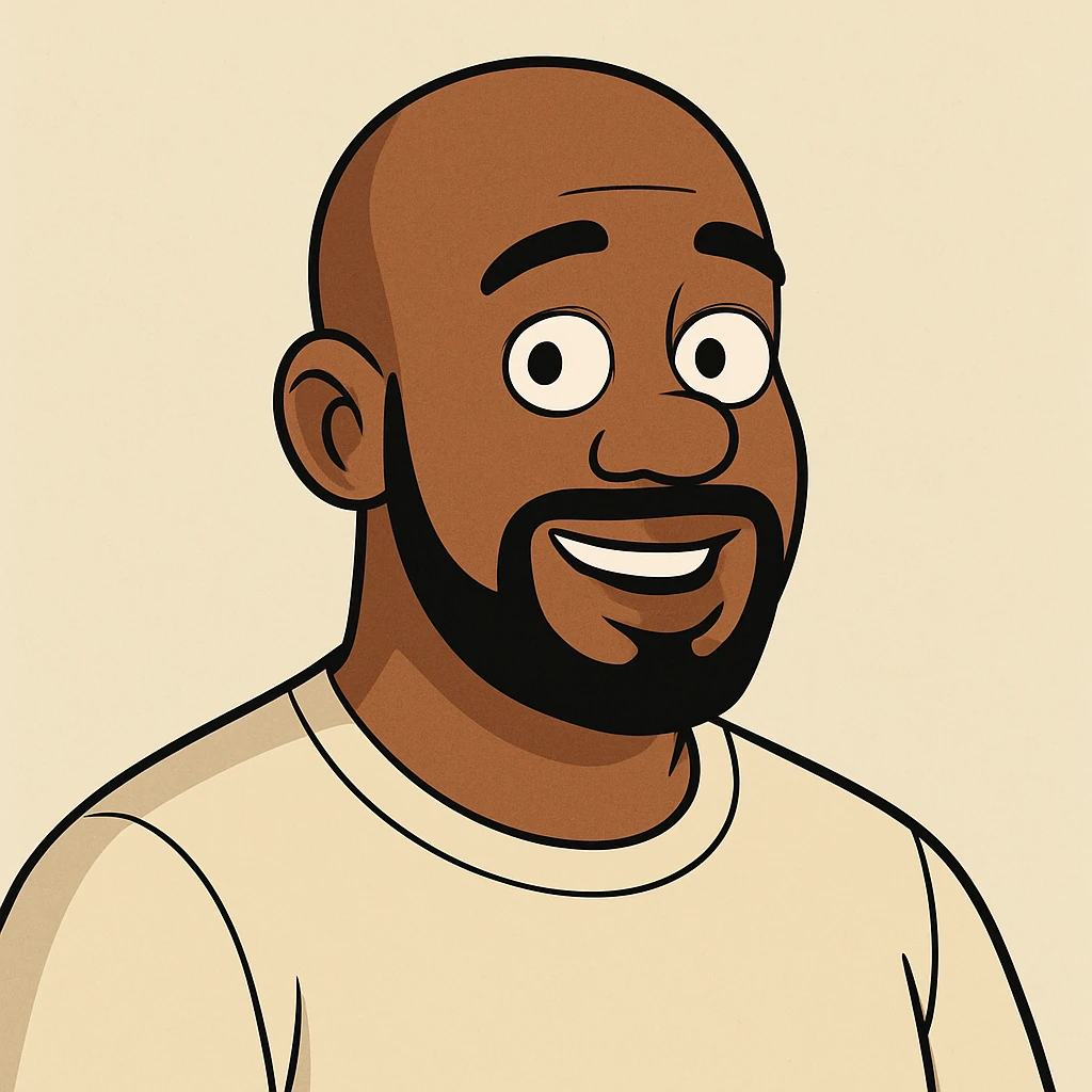 cartoon style portrait of a bald black man with a friendly look emoji
