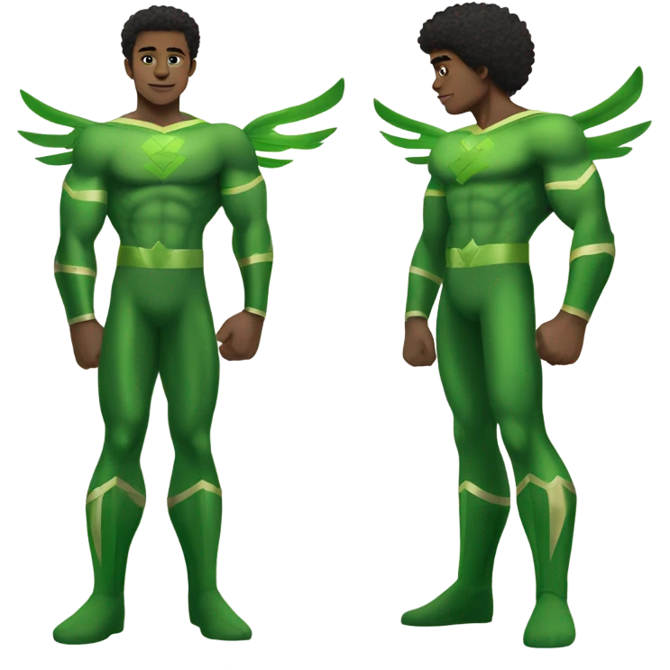 A full body Muscular Afro teenage boy standing in green superhero costume as the Sub Mariner or Prince Namor with “wings on each ankle. emoji