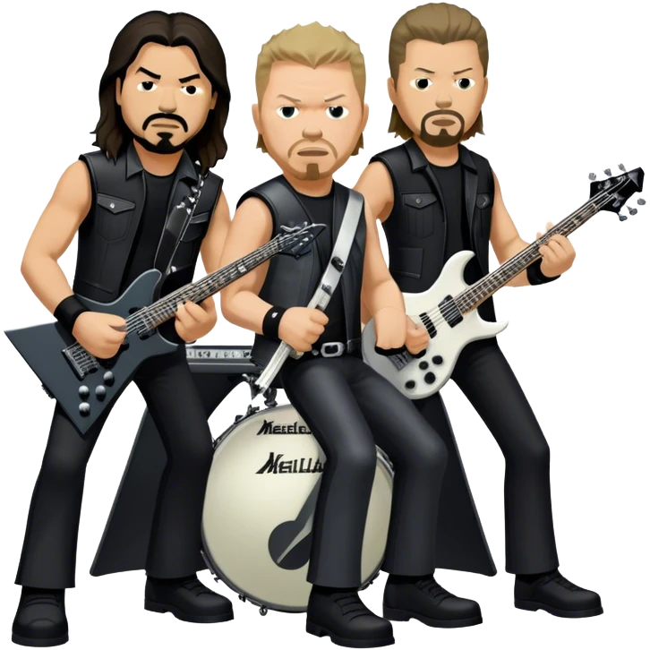 Icon for Metal Music: Metallica four band members detailed in their signature look. James Hetfield with guitar, Lars Ulrich on drums, Kirk Hammett with his electric guitar, and Robert Trujillo playing bass. Bold, energetic style, all in a heavy metal aesthetic. Transparent background. emoji