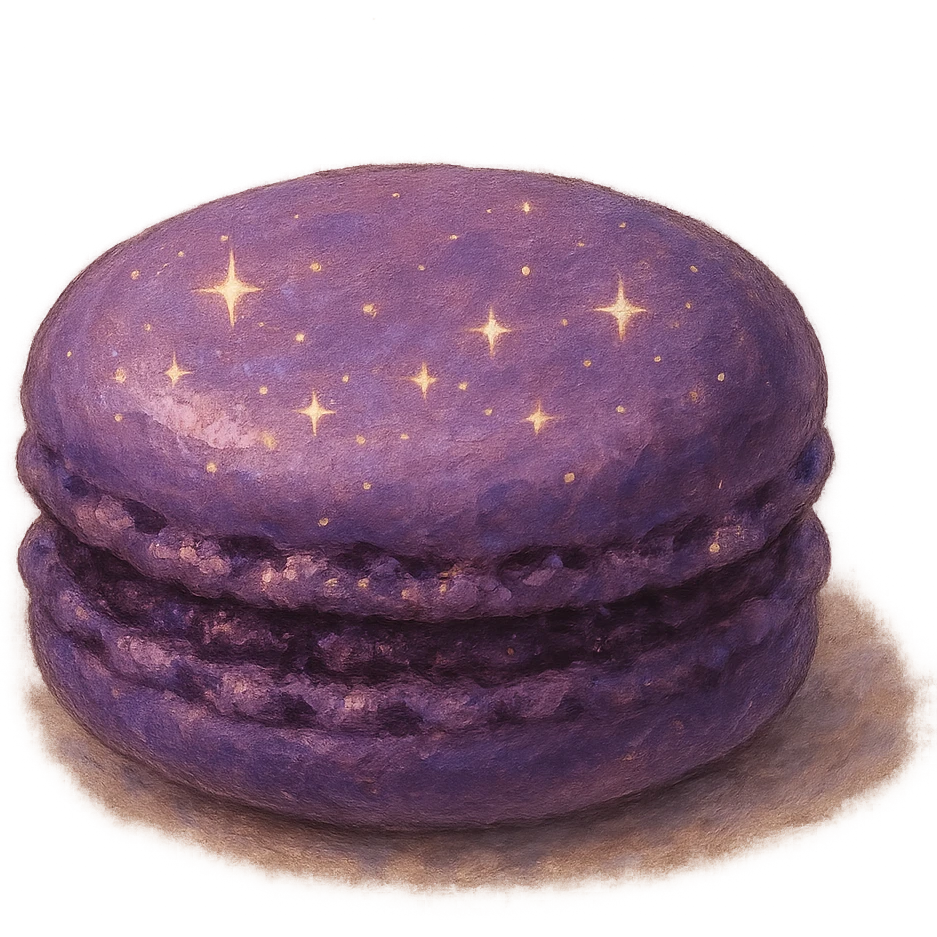 single purple macaron with sparkles, soft painterly textures, enchanting and appetizing, ghibli style emoji