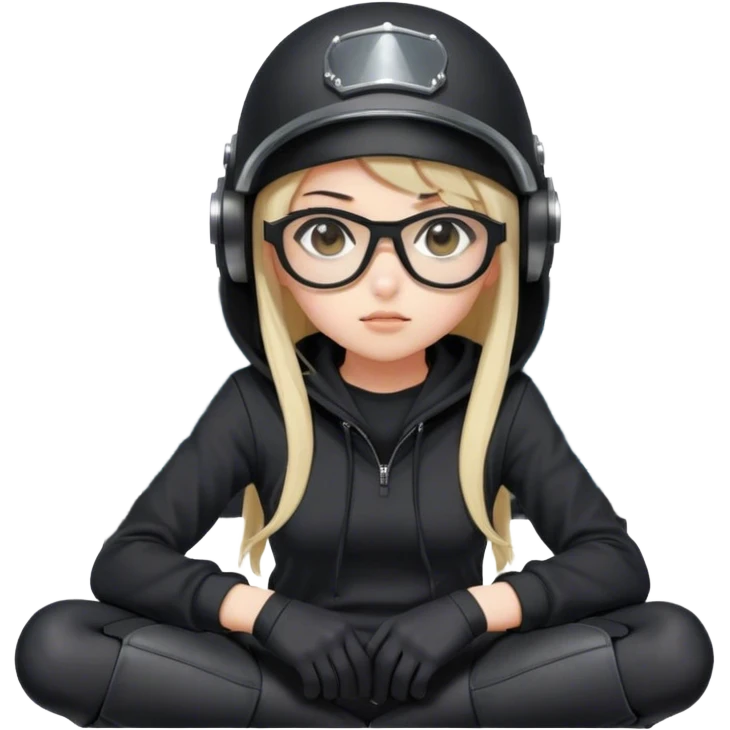 Anime girl in a black hoodie, wearing a military helmet with a built-in microphone, black glasses, and thigh-high stockings, sitting at high-tech controls with a focused expression emoji