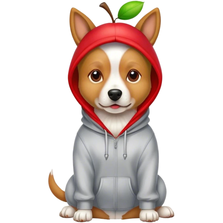 Dog wearing a hoodie and apple on his head emoji