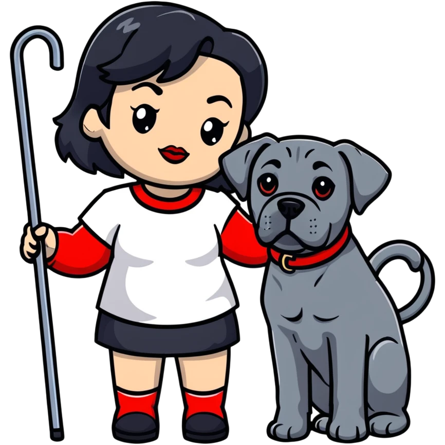 fashionable woman with red lips and black hair with a Cane Corso dog emoji