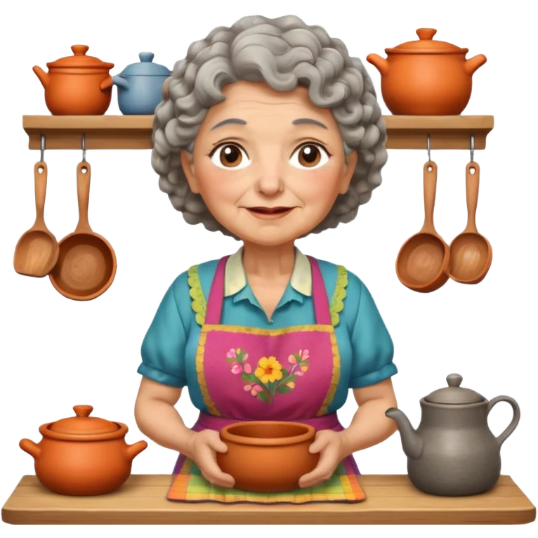 Apple iOS emoji-inspired rural old woman, chubby and friendly, short gray curly hair, flowery blouse, colorful apron, soft pastel colors, large expressive eyes, Chilean rural kitchen with wooden elements and clay pots, warm lighting, highly detailed and clean vector style emoji