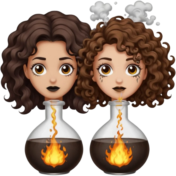 alchemy accident — long wavy brown hair tattooed woman and short tight curly brown hair woman — potion explosion soot faces emoji