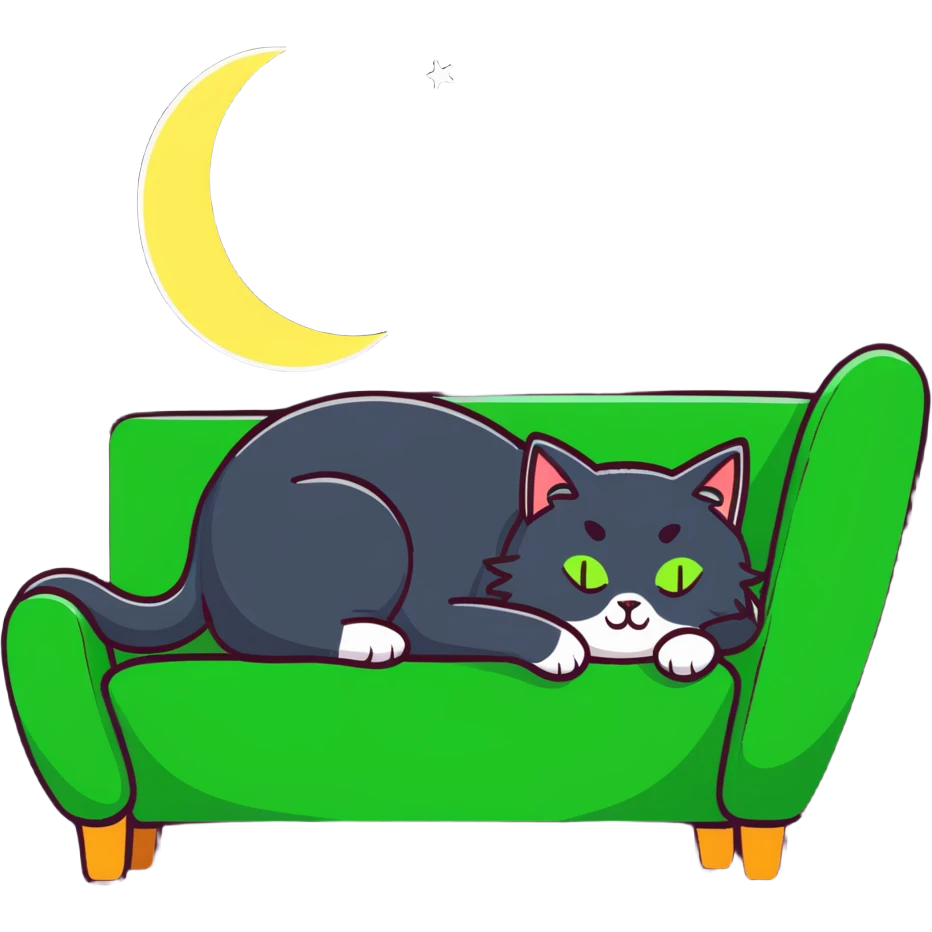 tricolor fluffy cat with big green eyes sleeping on a sofa with a moon above her emoji