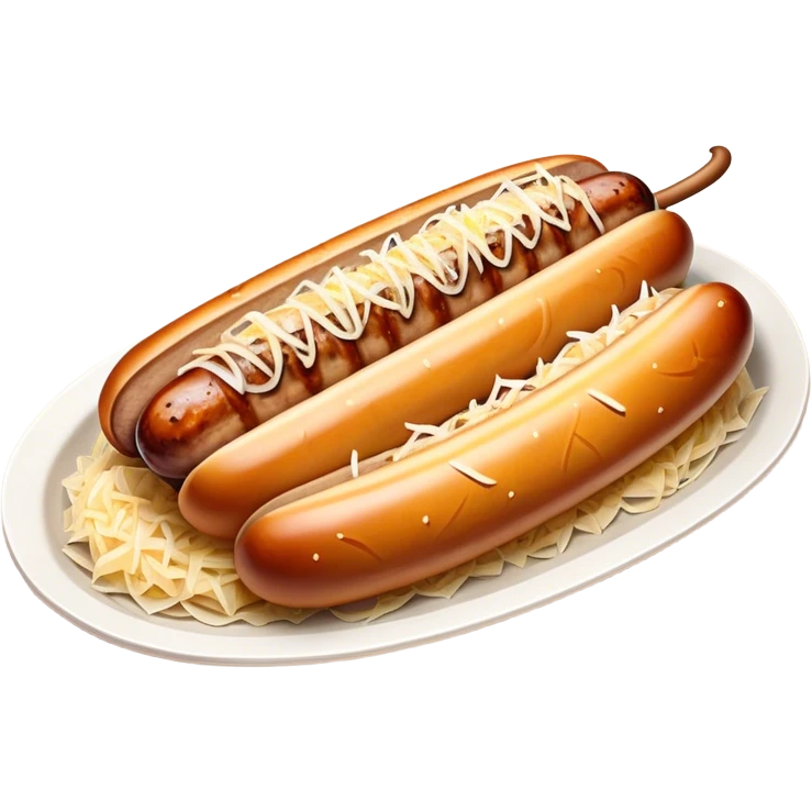 Bratwurst Cinematic Realistic Bratwurst Dish Emoji, depicted as a grilled bratwurst topped with a generous serving of shredded sauerkraut, rendered with rich textures and dynamic, appetizing lighting. emoji