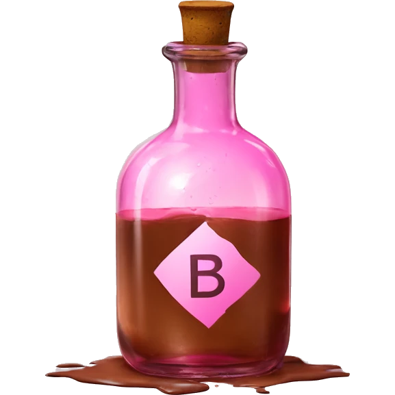 Mysterious Alchemical vintage glass potion bottle, exquisite bottle shape, old and shabby, with label, stylish and minimalistic, brown and pink, oil potion is poured out of the bottle, oil is spilled next to it emoji
